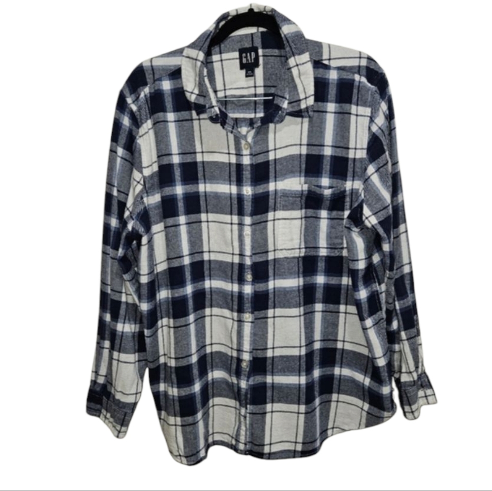 GAP Womens Size XXL Extra Extra Large Blue White Plaid Flannel Shirt Button Down